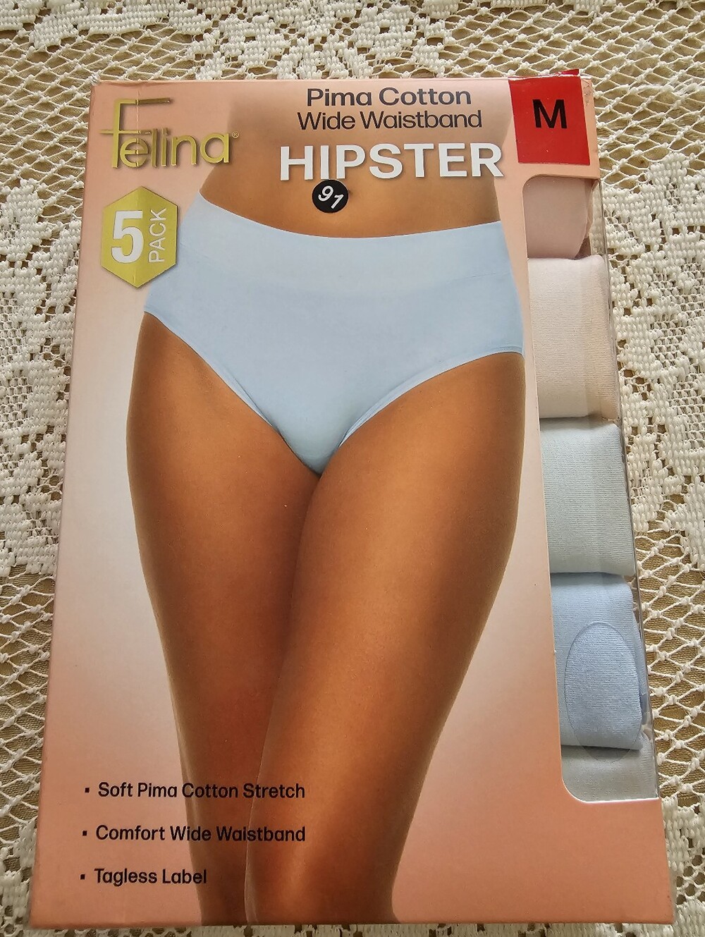 Felina Women's Med 5 Pack Pima Cotton Wide Waistband Hipster